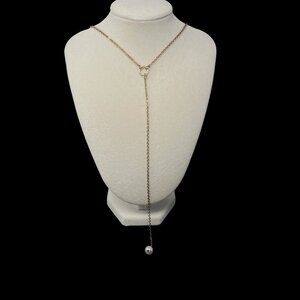 Gold tone 22” Lariat Necklace w/ Single Pearl Dangling Drop, 3” extender